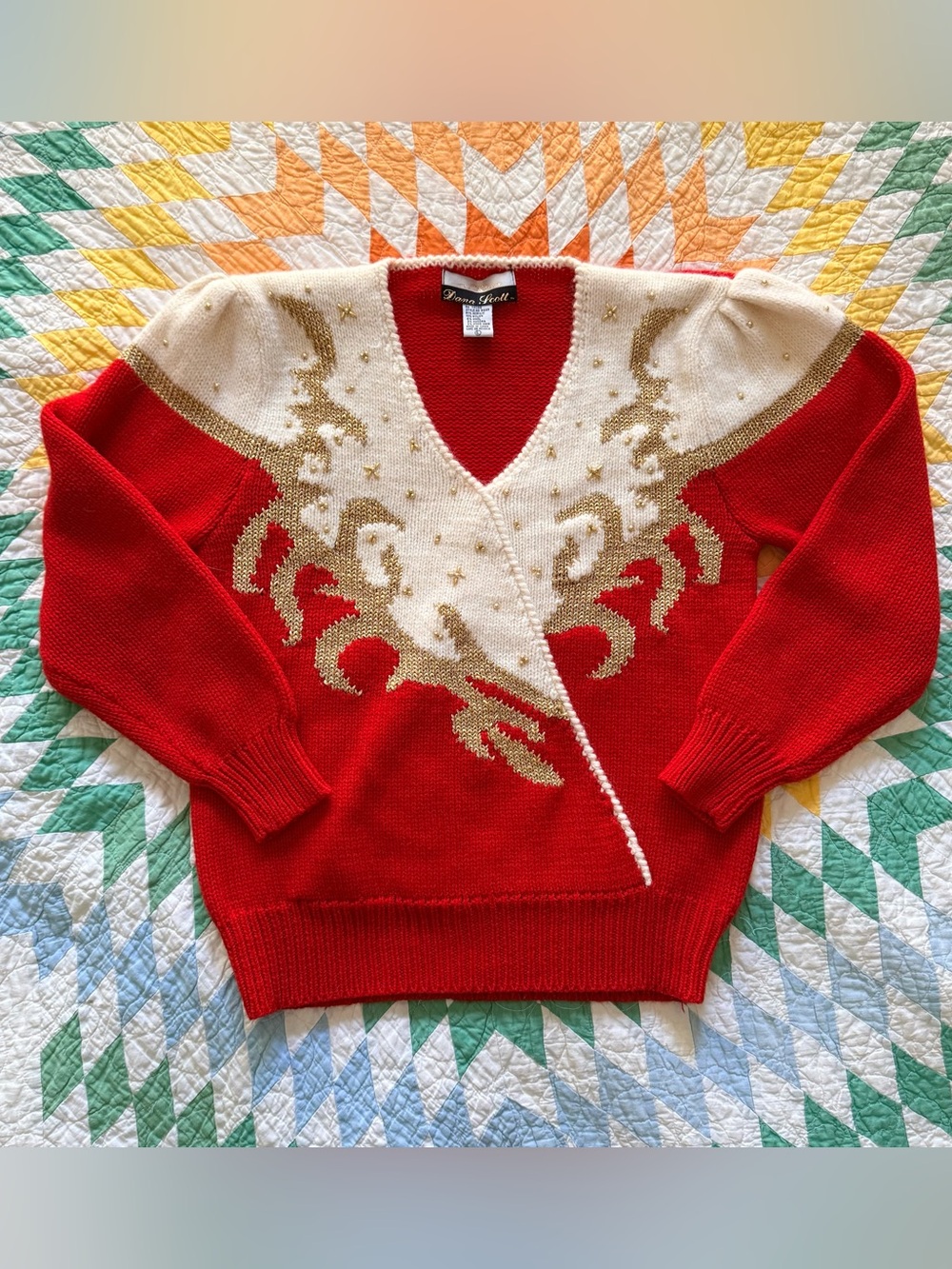 intage Dana Scott Red Gold Beaded Christmas Sweater L